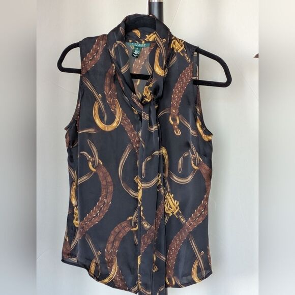 Vintage Ralph Lauren 100% Silk Equestrian Sleeveless Tie Front Blouse - Picture 12 of 12